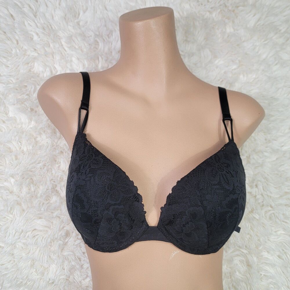 Victoria's Secret Size 36C Push-Up Bra Padded Wired Black Lace Plunge Multiway P